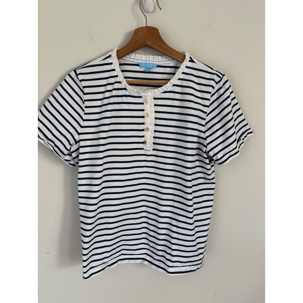 Draper James RSVP Navy White Striped Ruffle Neck Henley Top Gold Buttons Large